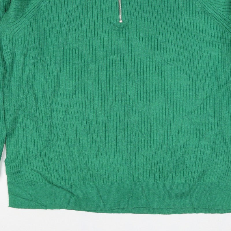 Marks and Spencer Women Green L Ribbed Half Zip High Neck Jumper