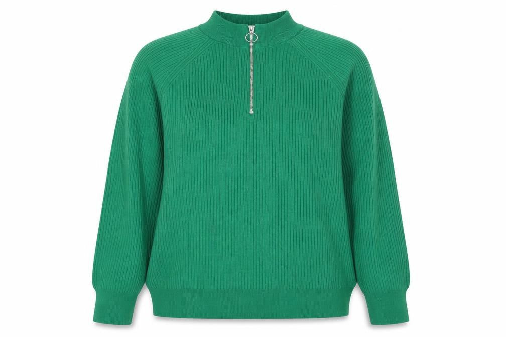 Marks and Spencer Women Green L Ribbed Half Zip High Neck Jumper