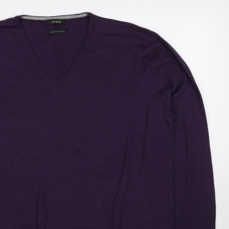 Linea Men’s Purple Superfine Merino Wool V-Neck Pullover Jumper L