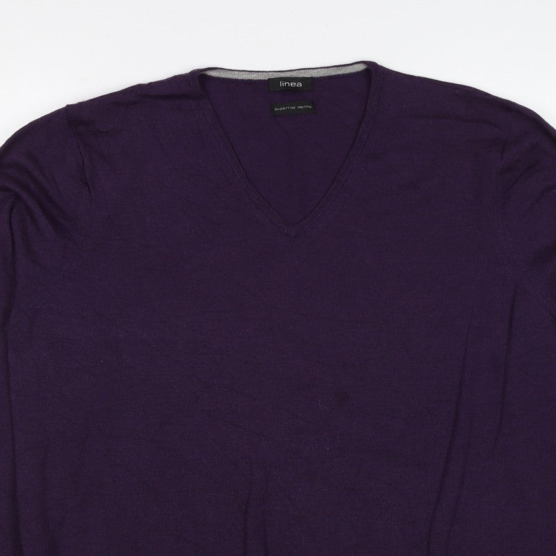 Linea Men’s Purple Superfine Merino Wool V-Neck Pullover Jumper L