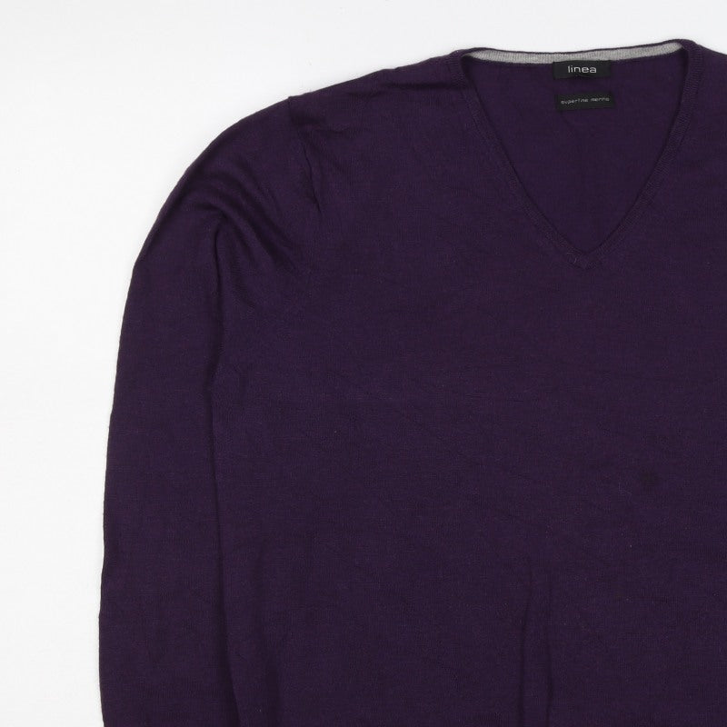 Linea Men’s Purple Superfine Merino Wool V-Neck Pullover Jumper L