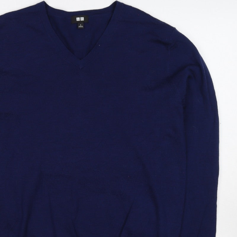 Uniqlo Unisex Blue S 100% Wool V-Neck Long Sleeve Pullover Jumper