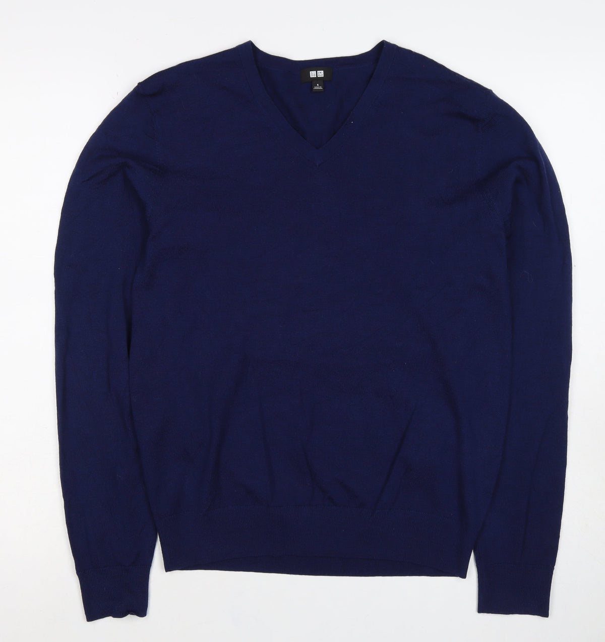 Uniqlo Unisex Blue S 100% Wool V-Neck Long Sleeve Pullover Jumper