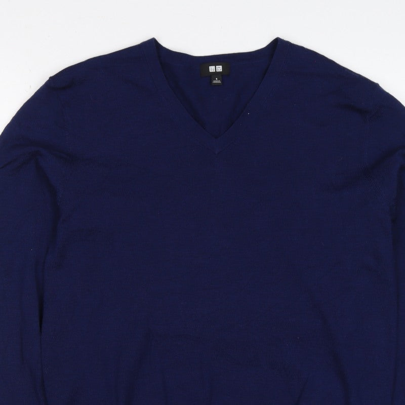Uniqlo Unisex Blue S 100% Wool V-Neck Long Sleeve Pullover Jumper