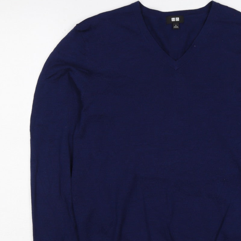 Uniqlo Unisex Blue S 100% Wool V-Neck Long Sleeve Pullover Jumper