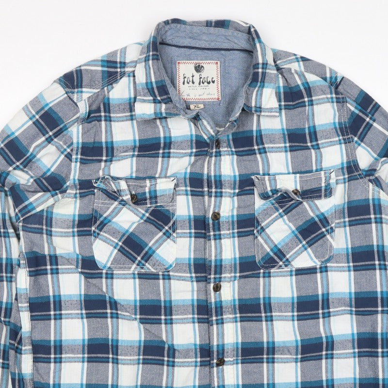 Fat Face Men's Blue Plaid Cotton Long Sleeve Button-Up Shirt XL