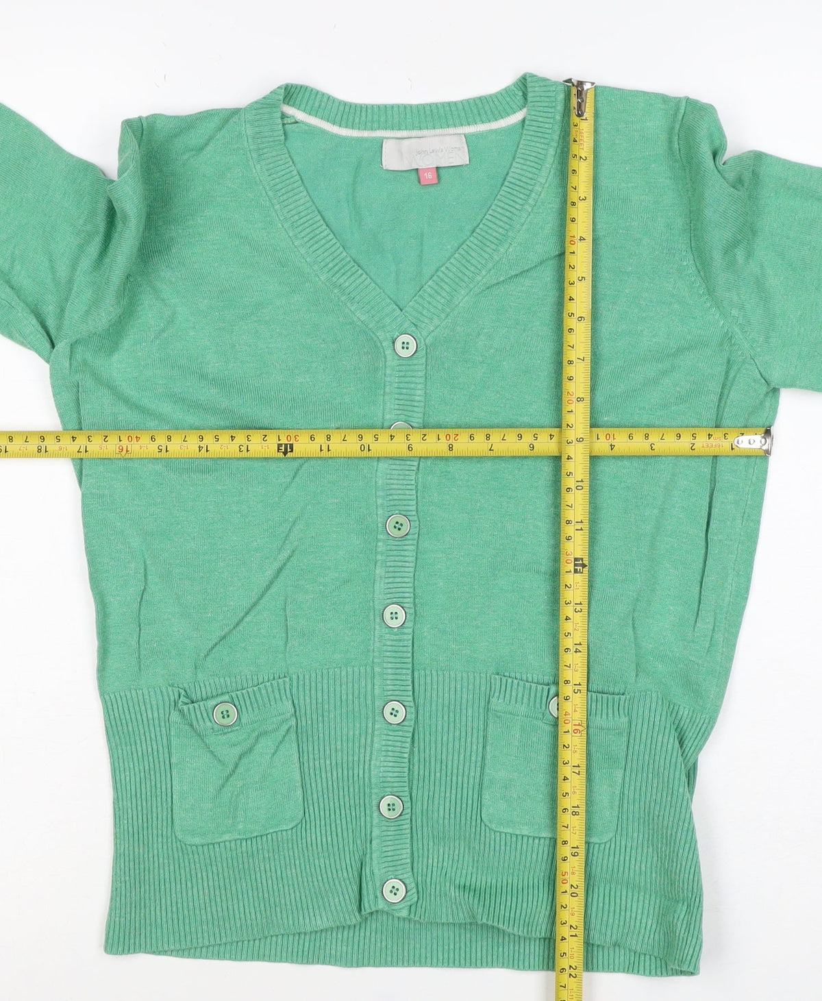 John Lewis Woman Green V-Neck Button Cardigan Size 16 Pockets