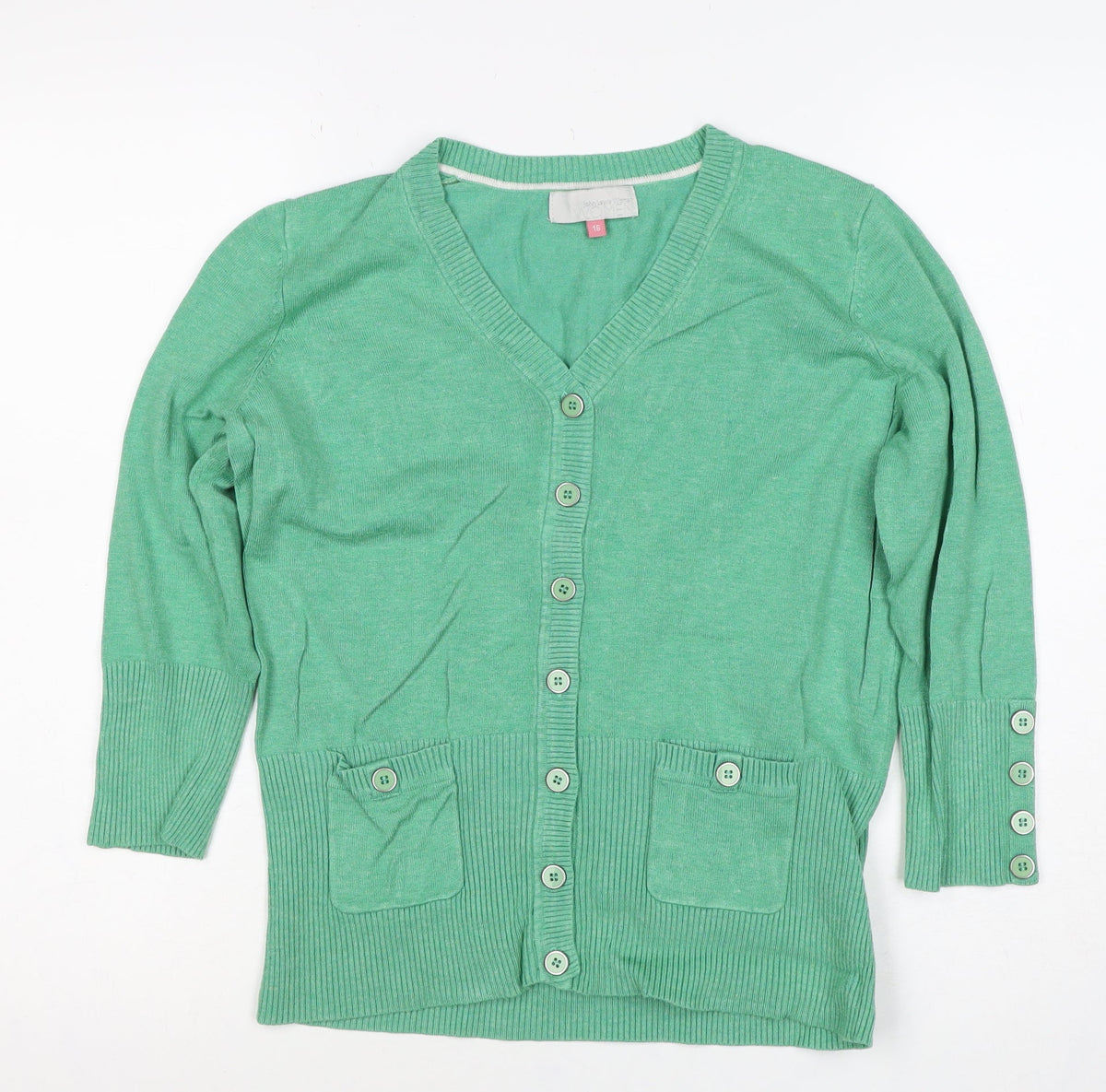 John Lewis Woman Green V-Neck Button Cardigan Size 16 Pockets