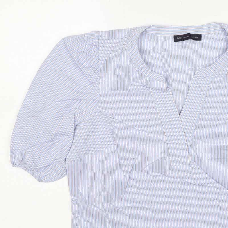 Marks and Spencer Women Blue Striped UK 14 Petite Wrap Blouse 3/4 Sleeve