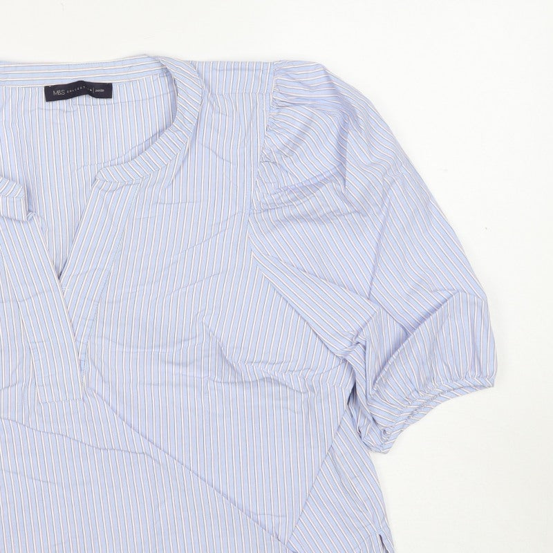 Marks and Spencer Women Blue Striped UK 14 Petite Wrap Blouse 3/4 Sleeve