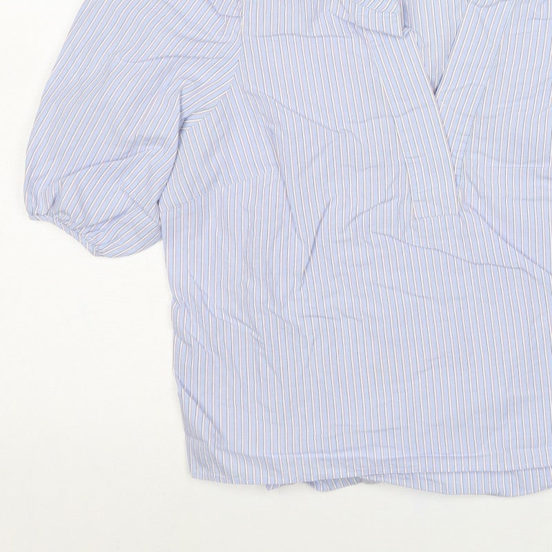 Marks and Spencer Women Blue Striped UK 14 Petite Wrap Blouse 3/4 Sleeve