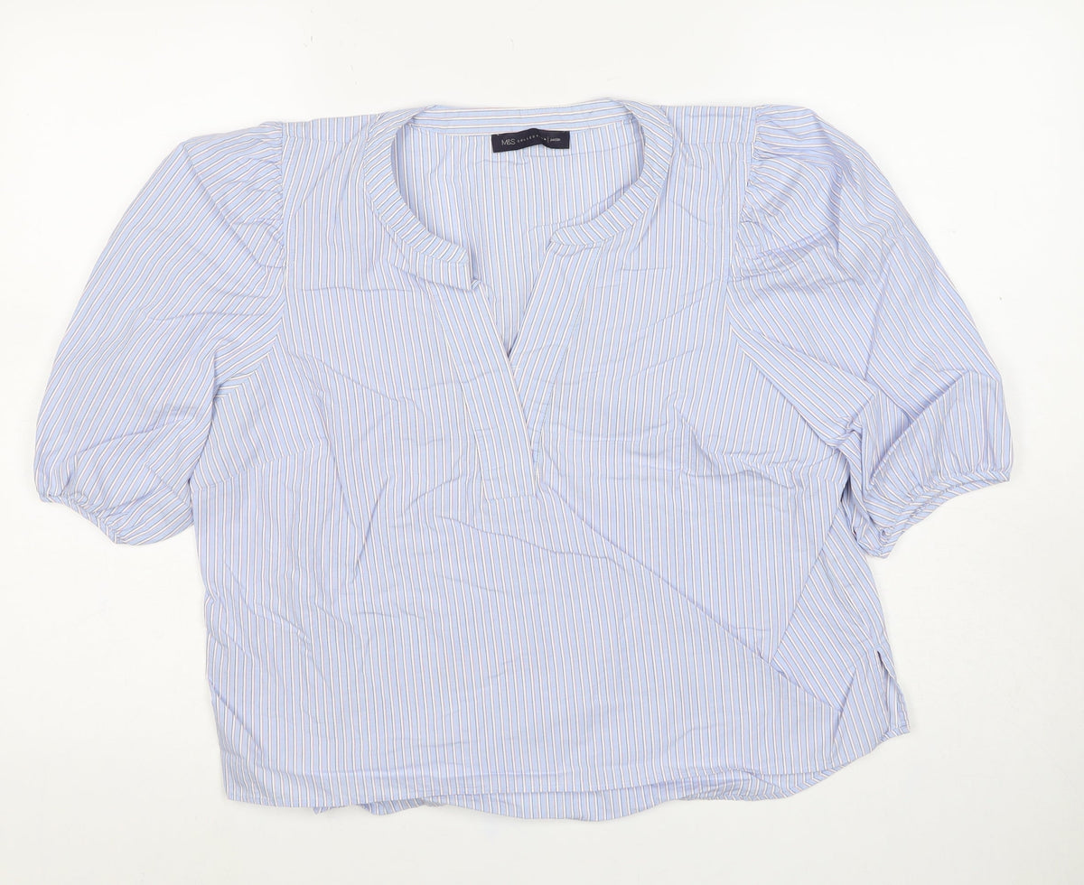 Marks and Spencer Women Blue Striped UK 14 Petite Wrap Blouse 3/4 Sleeve