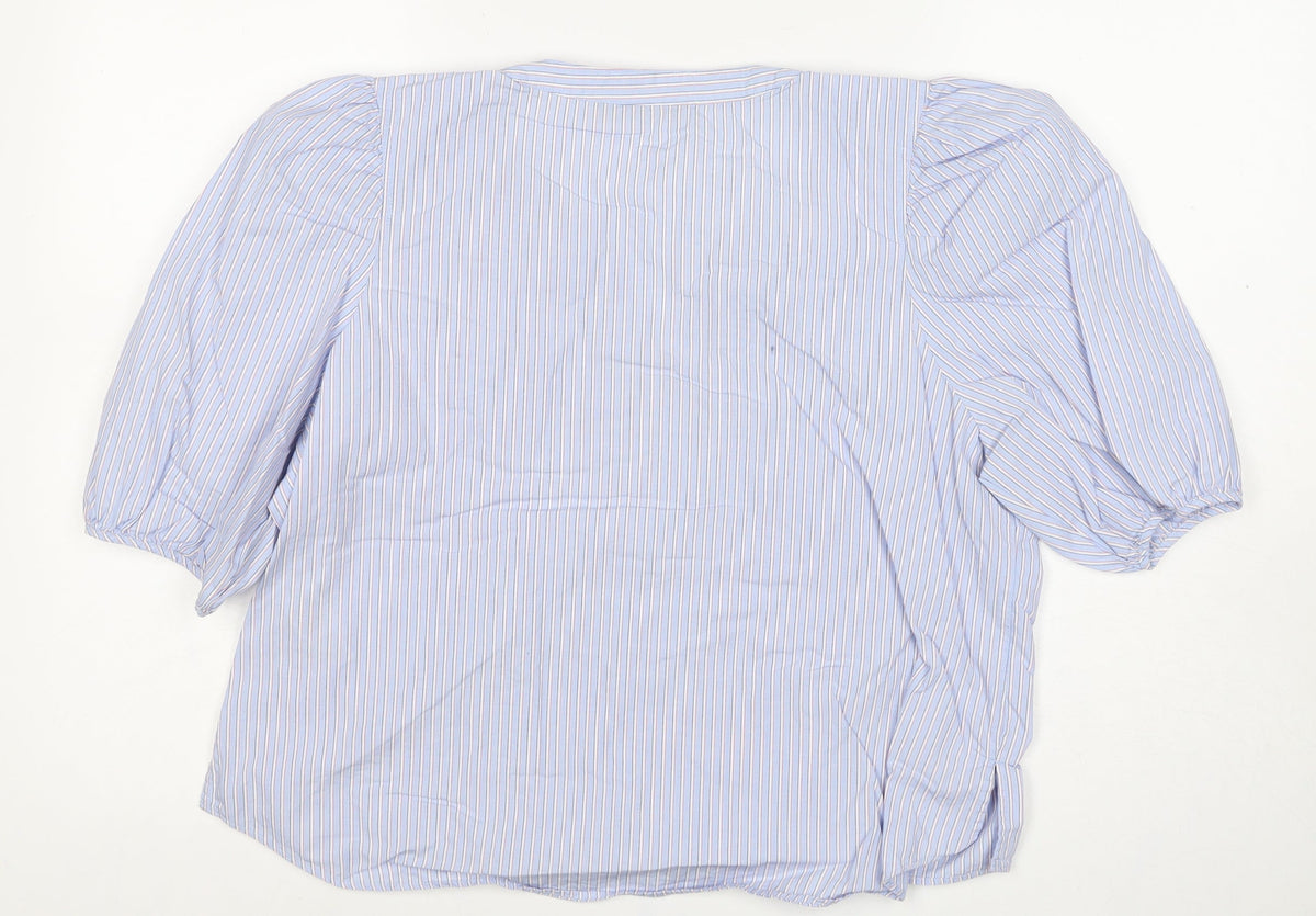 Marks and Spencer Women Blue Striped UK 14 Petite Wrap Blouse 3/4 Sleeve