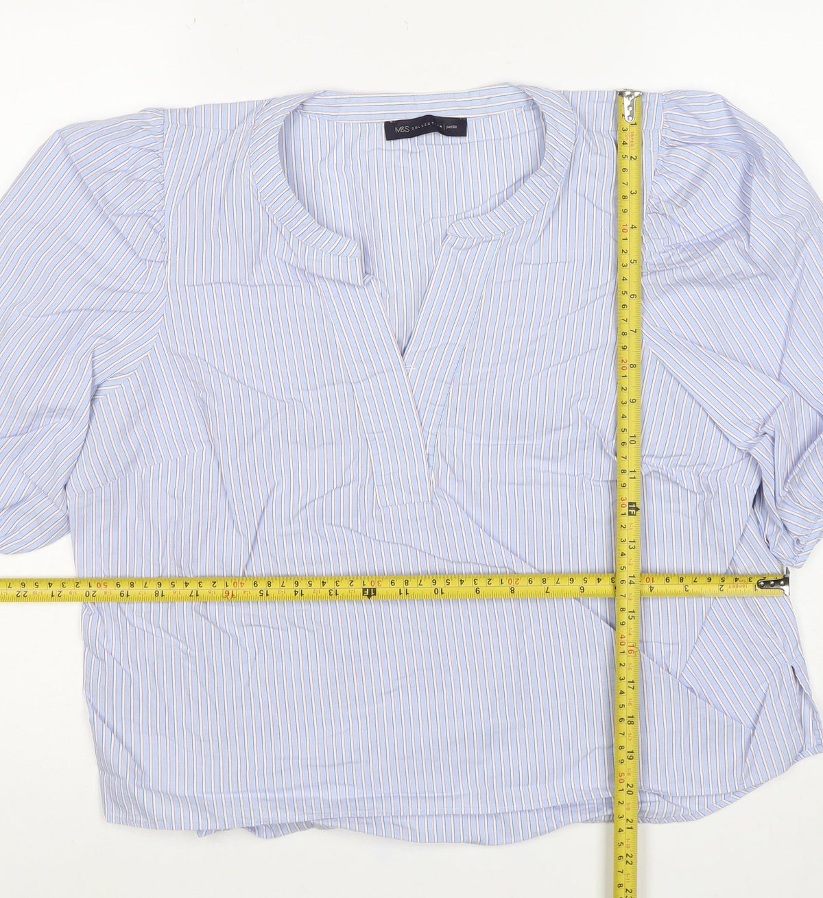 Marks and Spencer Women Blue Striped UK 14 Petite Wrap Blouse 3/4 Sleeve