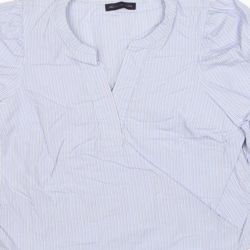 Marks and Spencer Women Blue Striped UK 14 Petite Wrap Blouse 3/4 Sleeve