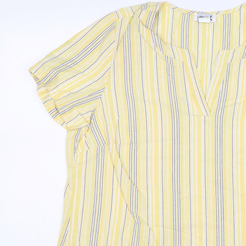 M&S Women Yellow Stripe Cotton Wrap Blouse UK 22 Short Sleeve