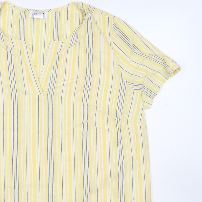 M&S Women Yellow Stripe Cotton Wrap Blouse UK 22 Short Sleeve