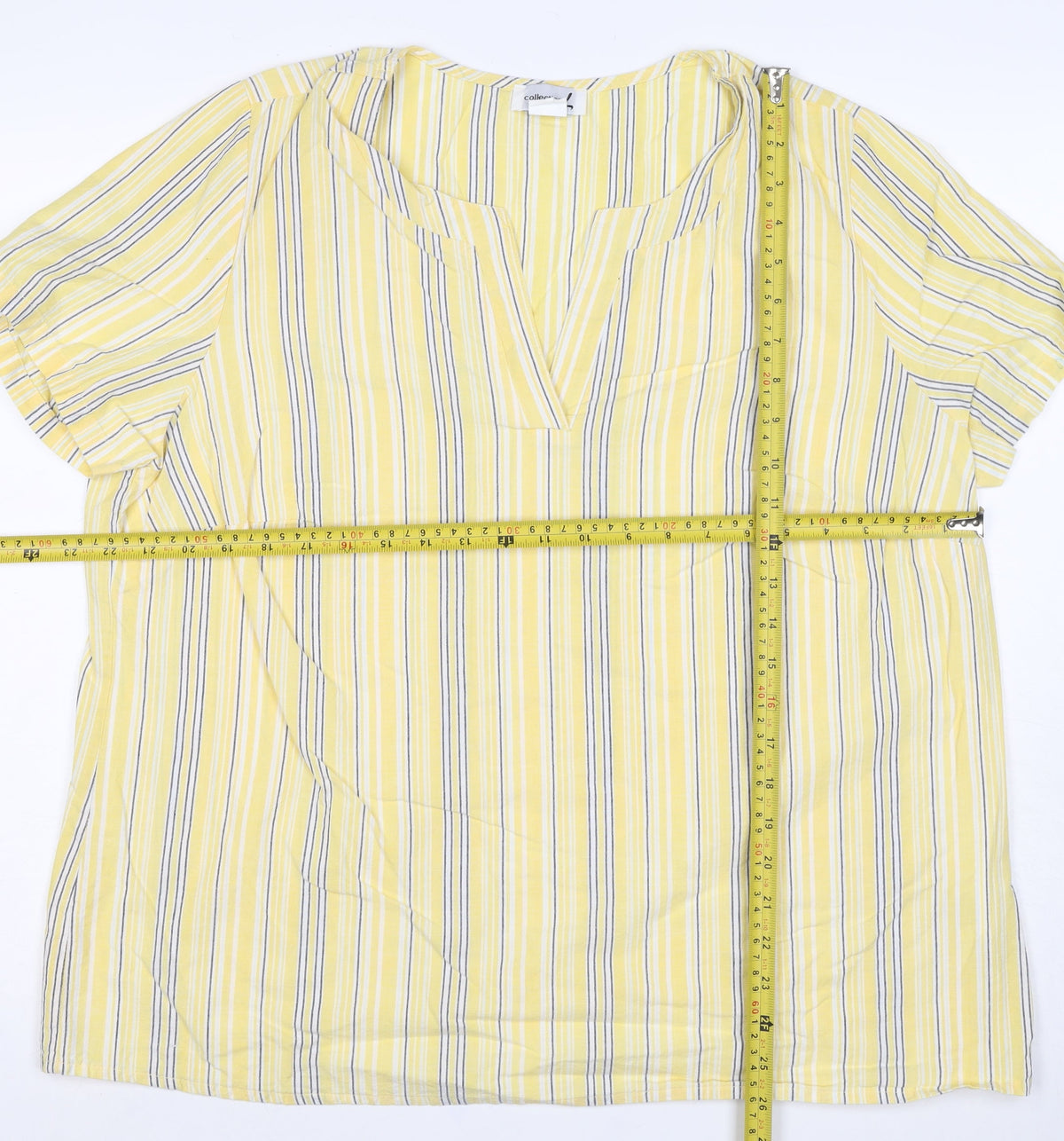 M&S Women Yellow Stripe Cotton Wrap Blouse UK 22 Short Sleeve