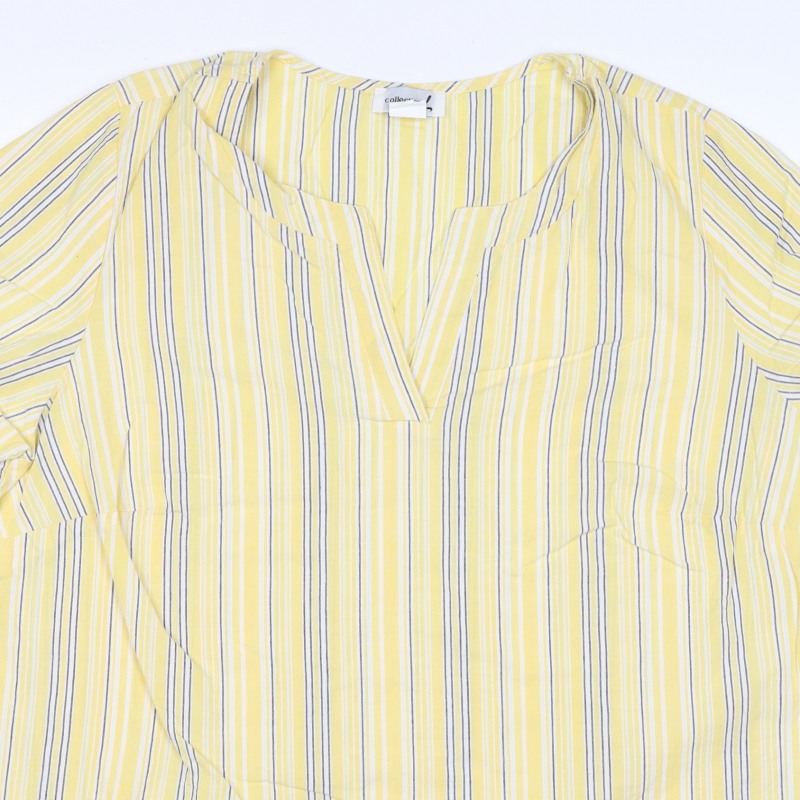 M&S Women Yellow Stripe Cotton Wrap Blouse UK 22 Short Sleeve