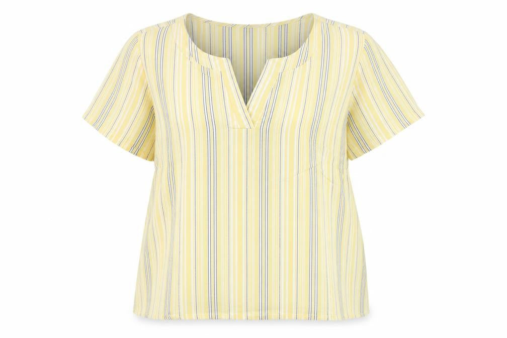 M&S Women Yellow Stripe Cotton Wrap Blouse UK 22 Short Sleeve