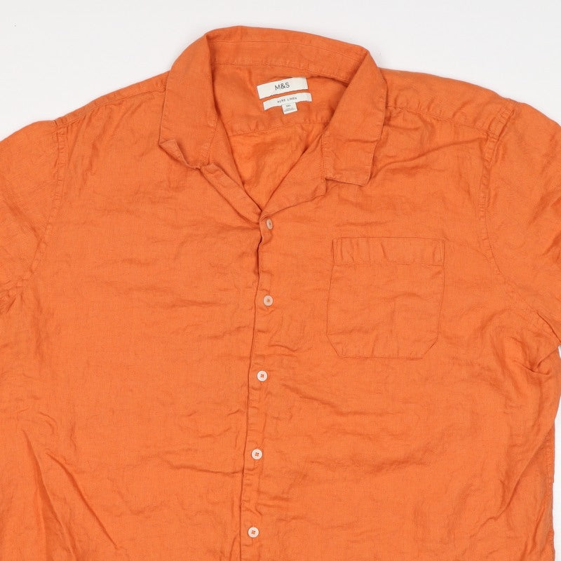 M&S Men’s Orange 3XL Pure Linen Short Sleeve Button-Up Shirt