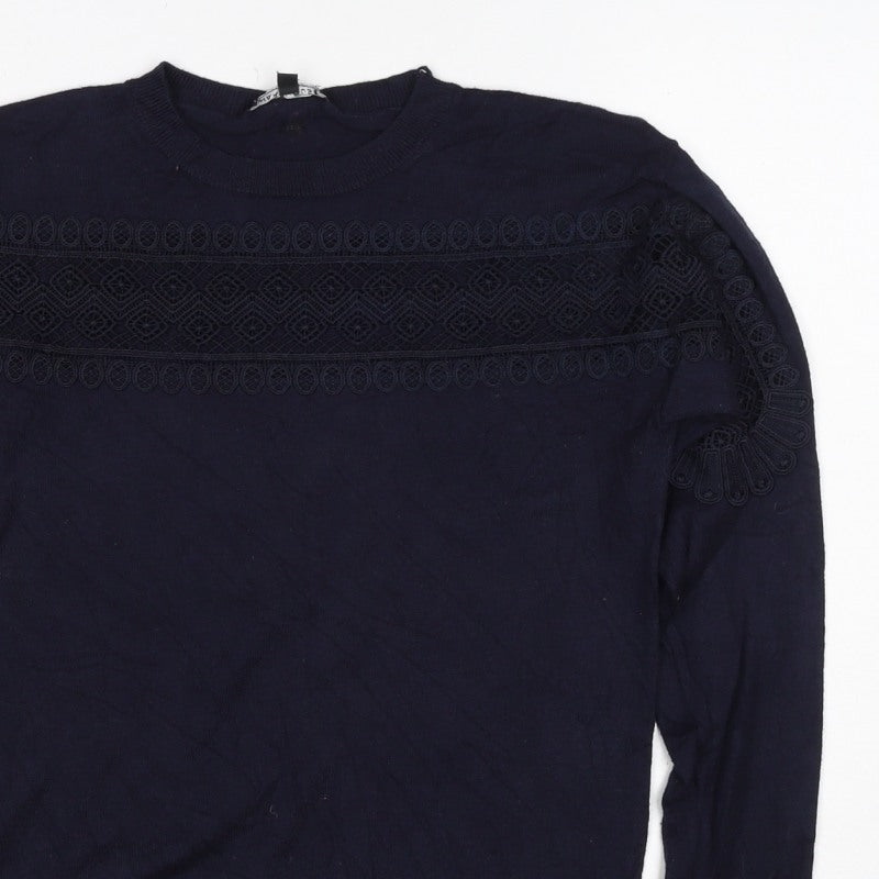 Warehouse Women Navy UK 10 Knit Lace Panel Long Sleeve Jumper Top