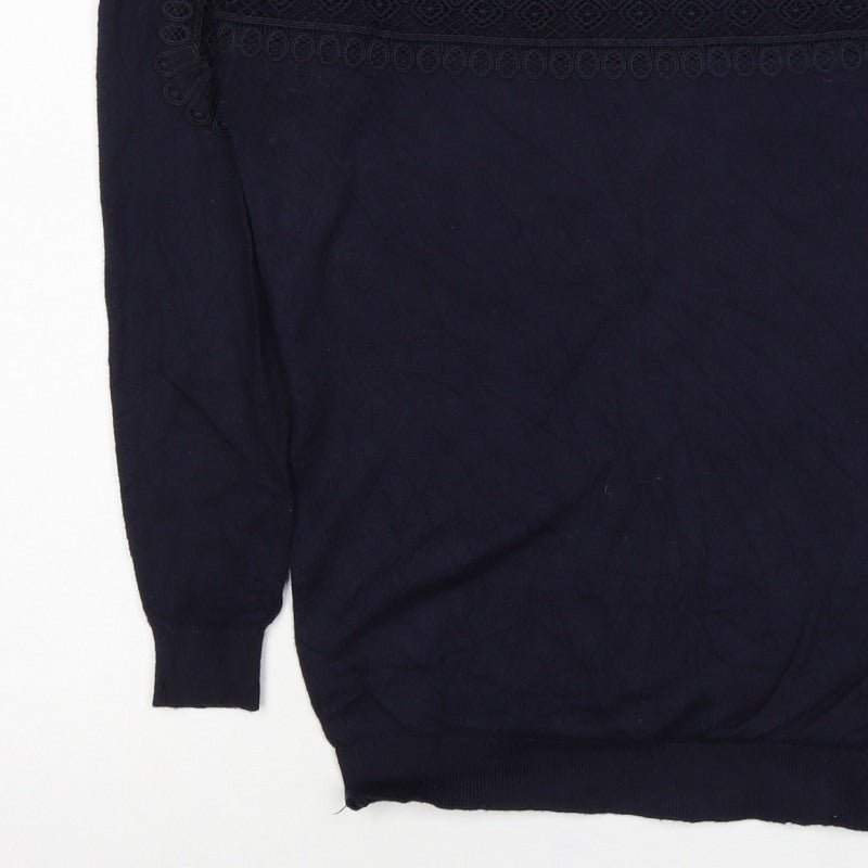 Warehouse Women Navy UK 10 Knit Lace Panel Long Sleeve Jumper Top