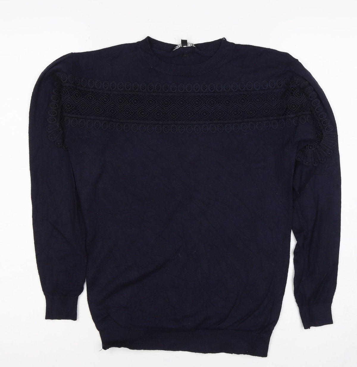 Warehouse Women Navy UK 10 Knit Lace Panel Long Sleeve Jumper Top