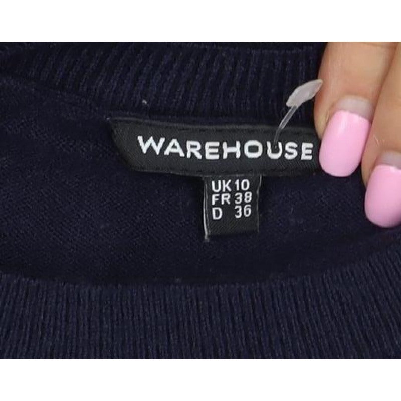 Warehouse Women Navy UK 10 Knit Lace Panel Long Sleeve Jumper Top