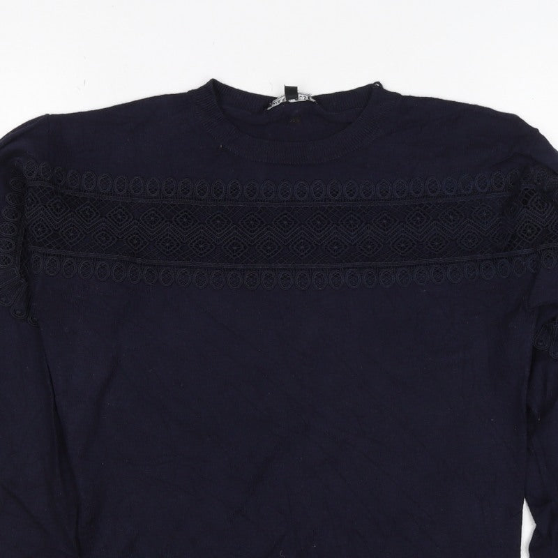 Warehouse Women Navy UK 10 Knit Lace Panel Long Sleeve Jumper Top