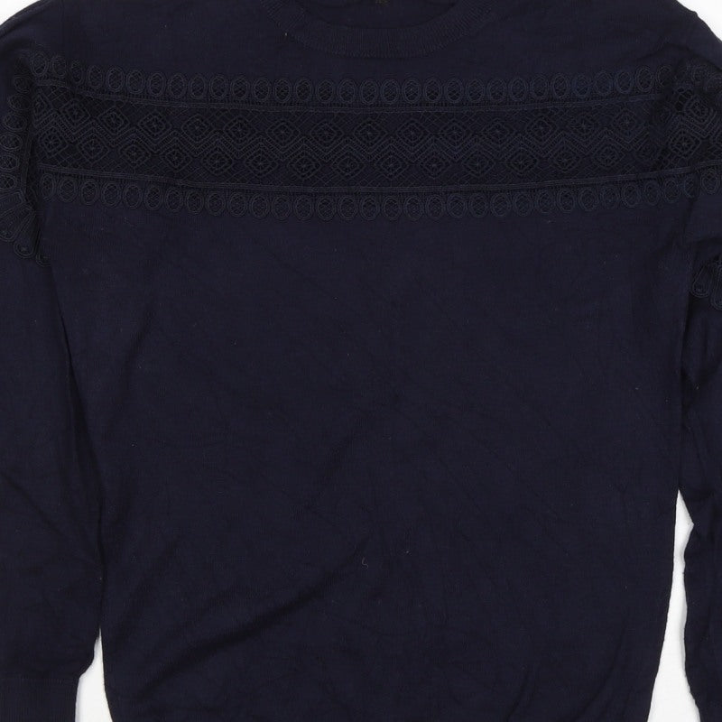 Warehouse Women Navy UK 10 Knit Lace Panel Long Sleeve Jumper Top