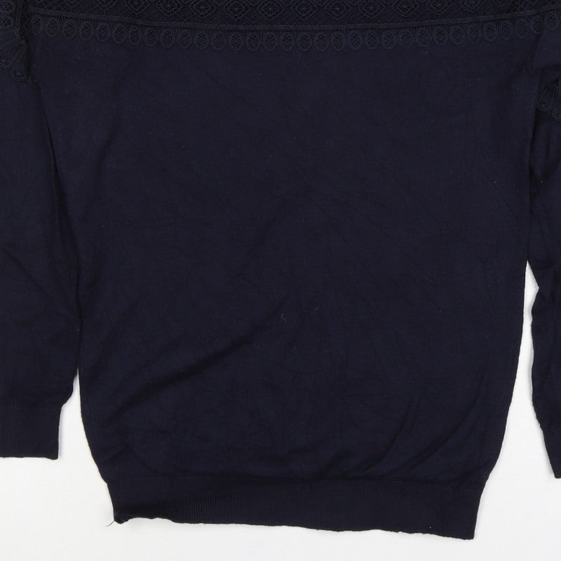Warehouse Women Navy UK 10 Knit Lace Panel Long Sleeve Jumper Top