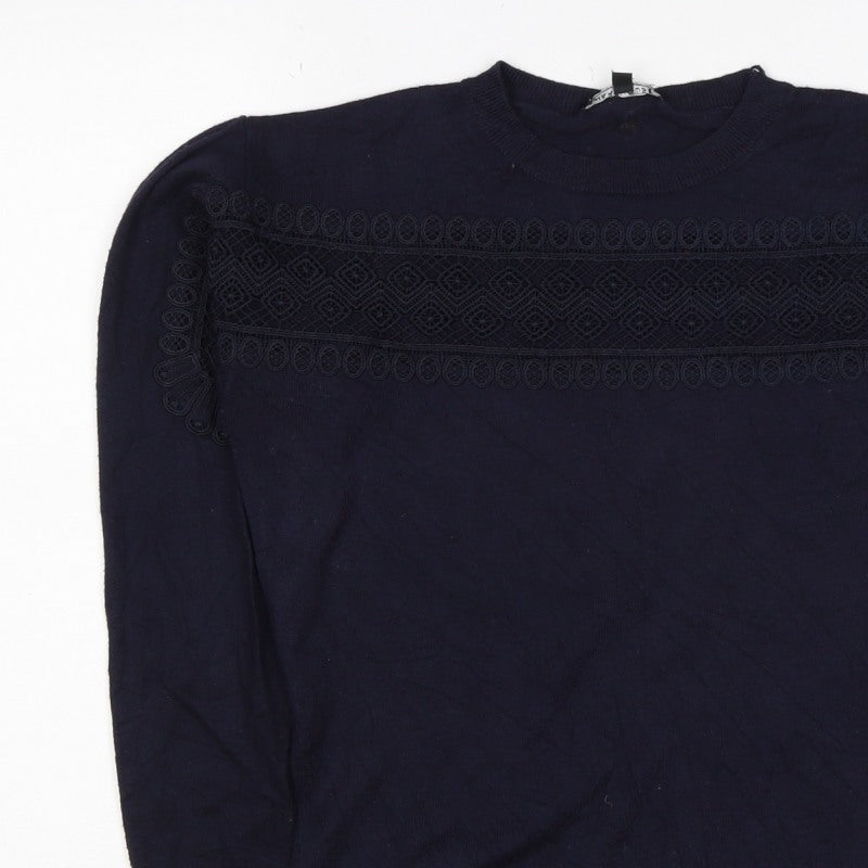 Warehouse Women Navy UK 10 Knit Lace Panel Long Sleeve Jumper Top