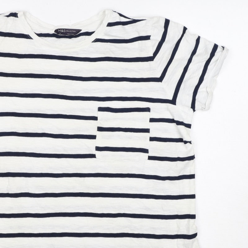 Marks & Spencer Women White Navy Stripe Cotton T-Shirt UK 16 Pocket