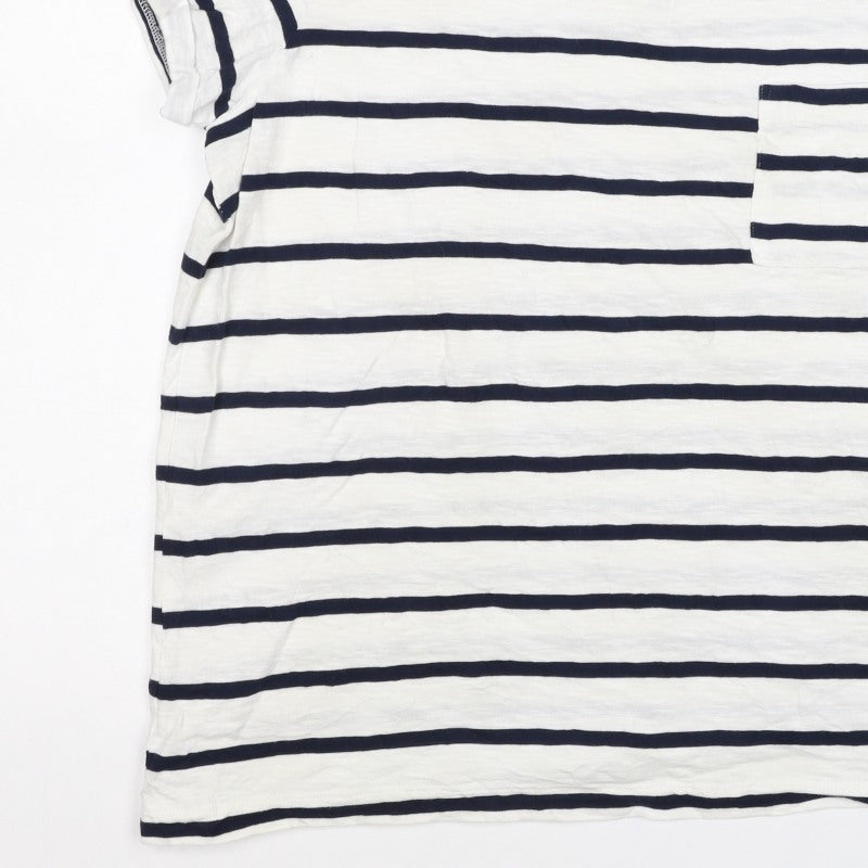 Marks & Spencer Women White Navy Stripe Cotton T-Shirt UK 16 Pocket