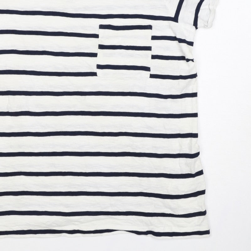 Marks & Spencer Women White Navy Stripe Cotton T-Shirt UK 16 Pocket