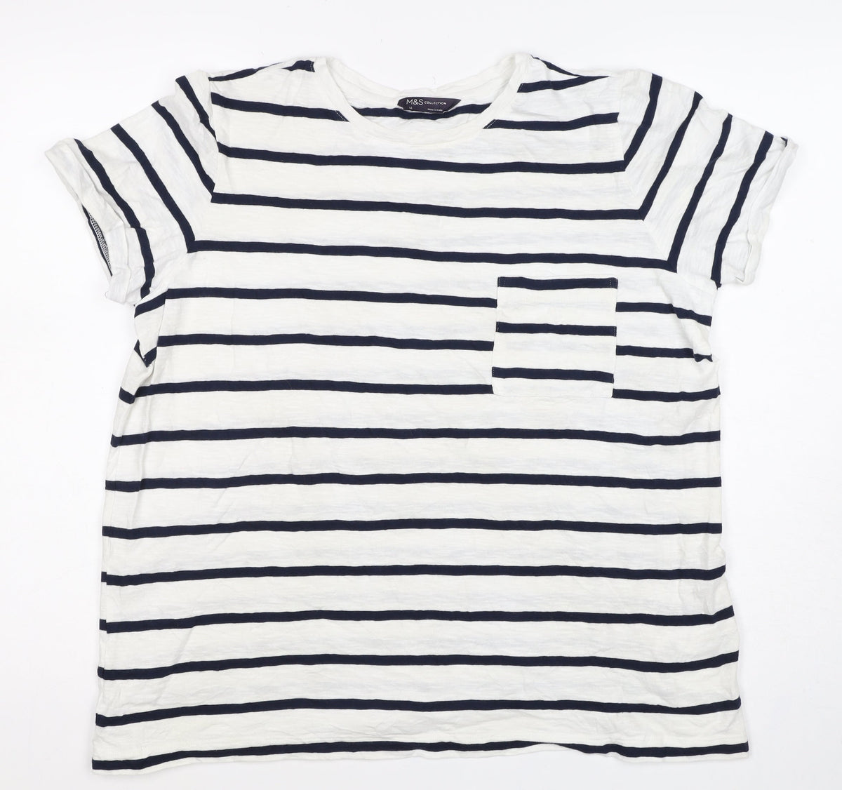 Marks & Spencer Women White Navy Stripe Cotton T-Shirt UK 16 Pocket