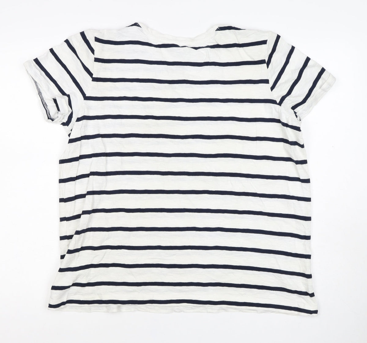 Marks & Spencer Women White Navy Stripe Cotton T-Shirt UK 16 Pocket