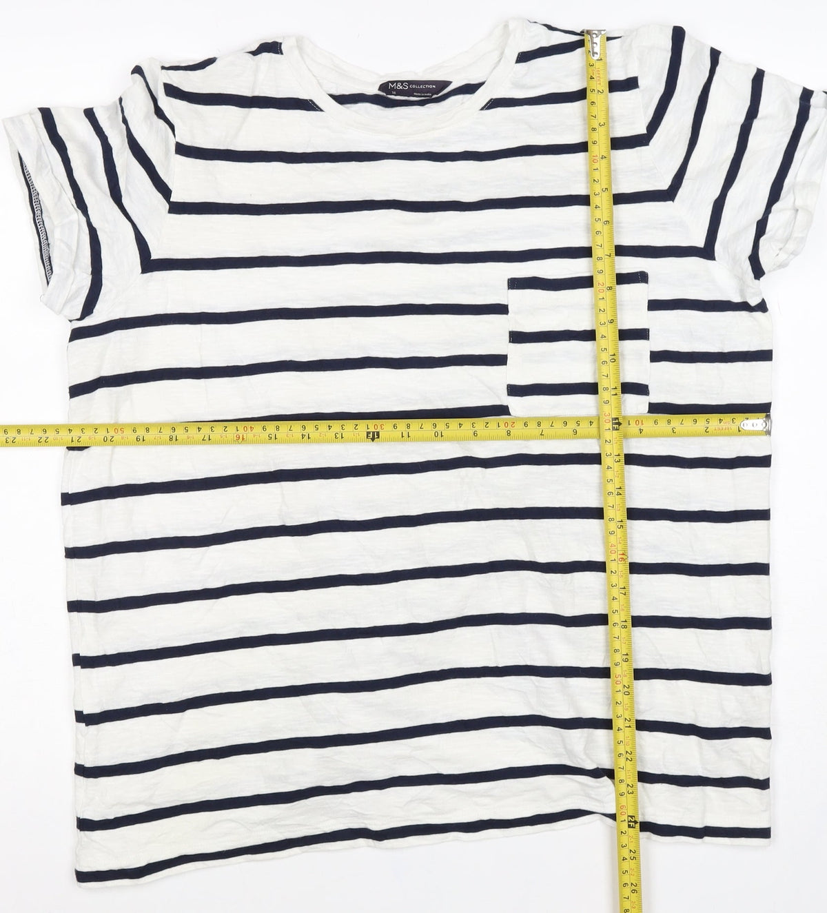 Marks & Spencer Women White Navy Stripe Cotton T-Shirt UK 16 Pocket