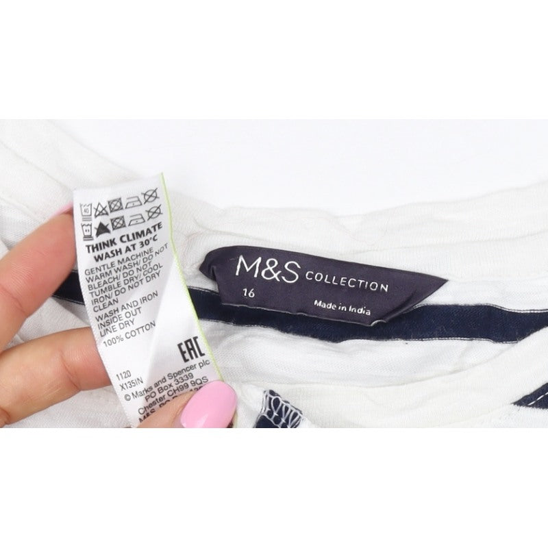 Marks & Spencer Women White Navy Stripe Cotton T-Shirt UK 16 Pocket