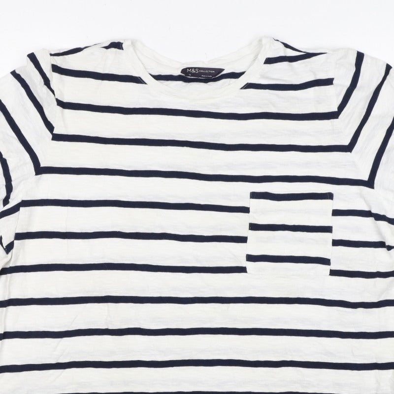Marks & Spencer Women White Navy Stripe Cotton T-Shirt UK 16 Pocket