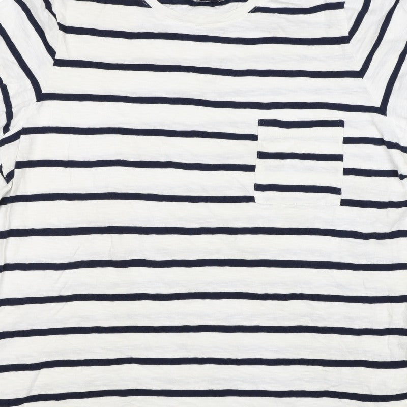 Marks & Spencer Women White Navy Stripe Cotton T-Shirt UK 16 Pocket