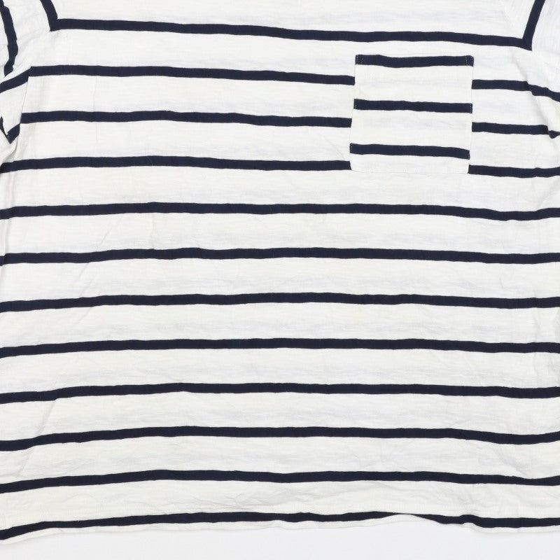 Marks & Spencer Women White Navy Stripe Cotton T-Shirt UK 16 Pocket