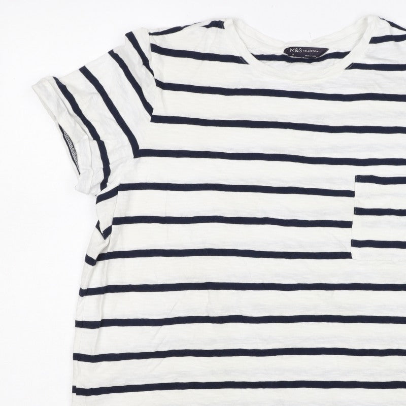 Marks & Spencer Women White Navy Stripe Cotton T-Shirt UK 16 Pocket