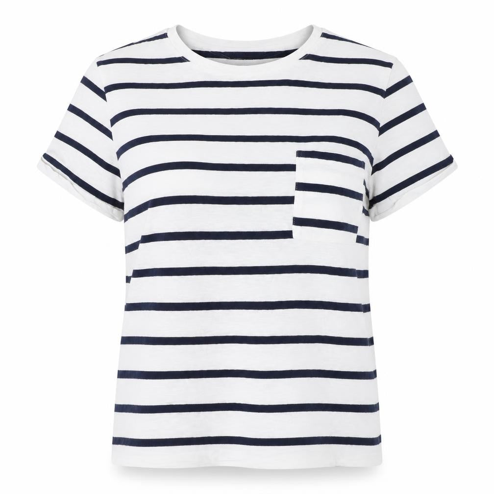Marks & Spencer Women White Navy Stripe Cotton T-Shirt UK 16 Pocket