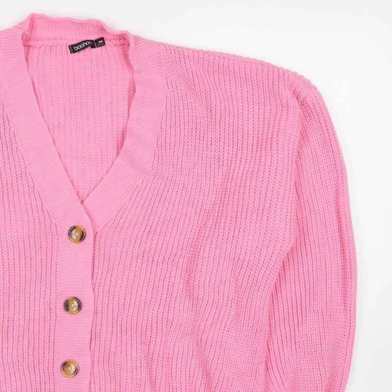 Boohoo Women Pink S Chunky Knit V-Neck Balloon Sleeve Cardigan