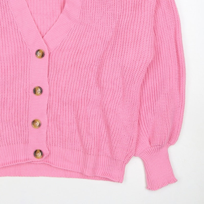 Boohoo Women Pink S Chunky Knit V-Neck Balloon Sleeve Cardigan