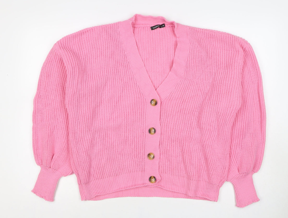 Boohoo Women Pink S Chunky Knit V-Neck Balloon Sleeve Cardigan