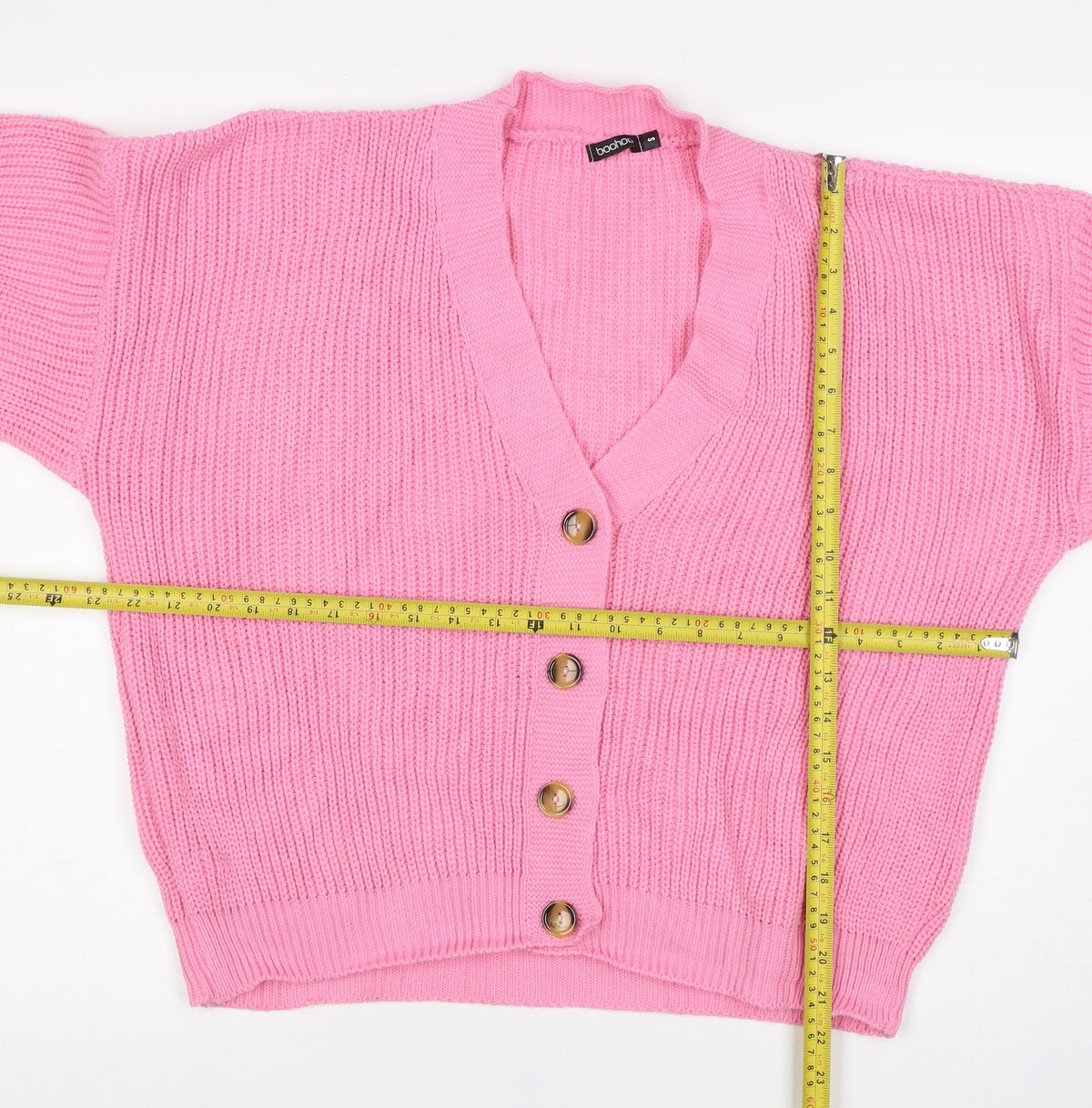 Boohoo Women Pink S Chunky Knit V-Neck Balloon Sleeve Cardigan