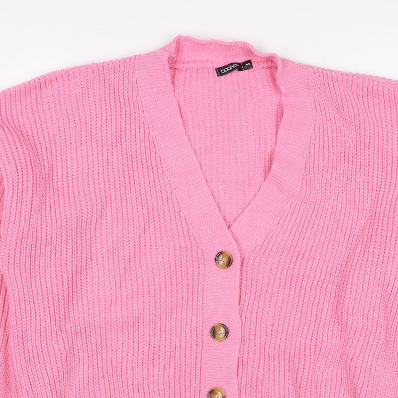 Boohoo Women Pink S Chunky Knit V-Neck Balloon Sleeve Cardigan